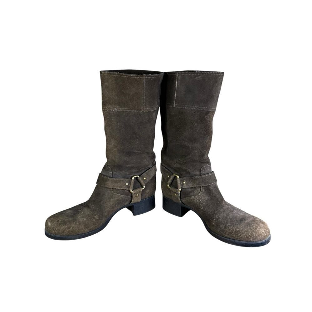 Prada Brown Mid calf Suede Biker Boots with Gold Buckle Logo EU 39 US 9 - Picture 8 of 13